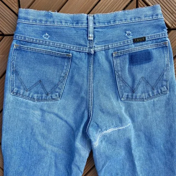 Vintage 70's Wrangler No Fault Repaired Cutoff Flare Denim 30x28